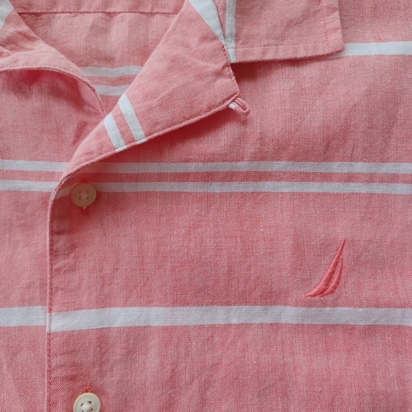 {Nautica} Men's Coral Striped Short Sleeve Button Down - Picture 2 of 6